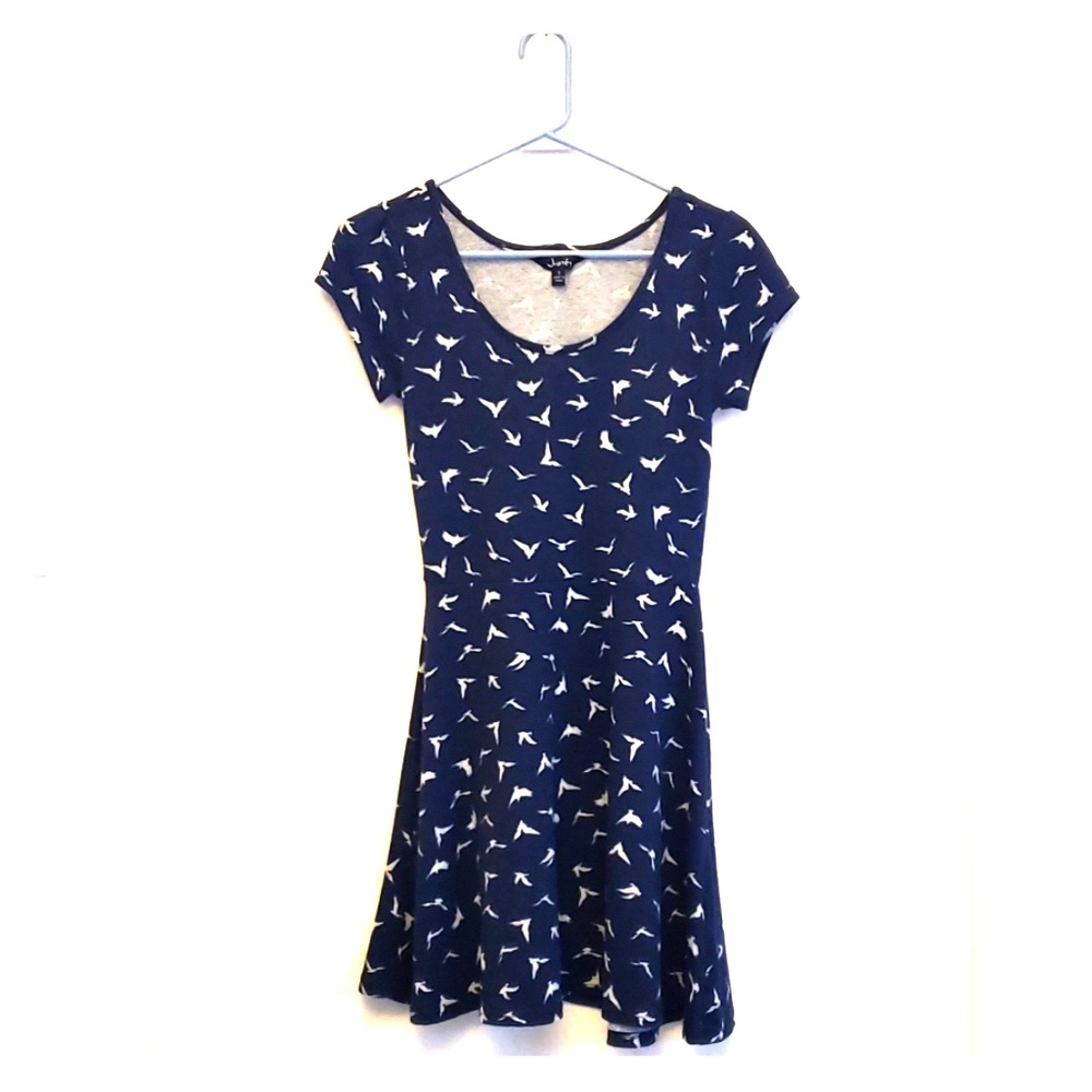 Justify Navy Blue All-Over White Swallow Bird Print Knit A-Line Dress Size S